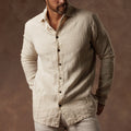male modeling linen shirt in white stone