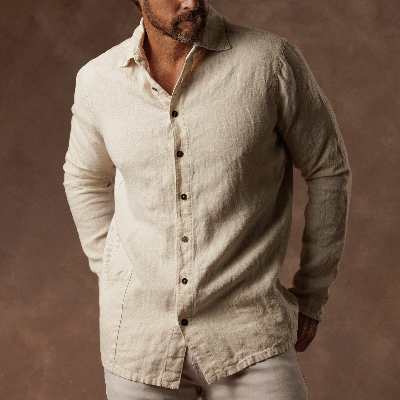 male modeling linen shirt in white stone