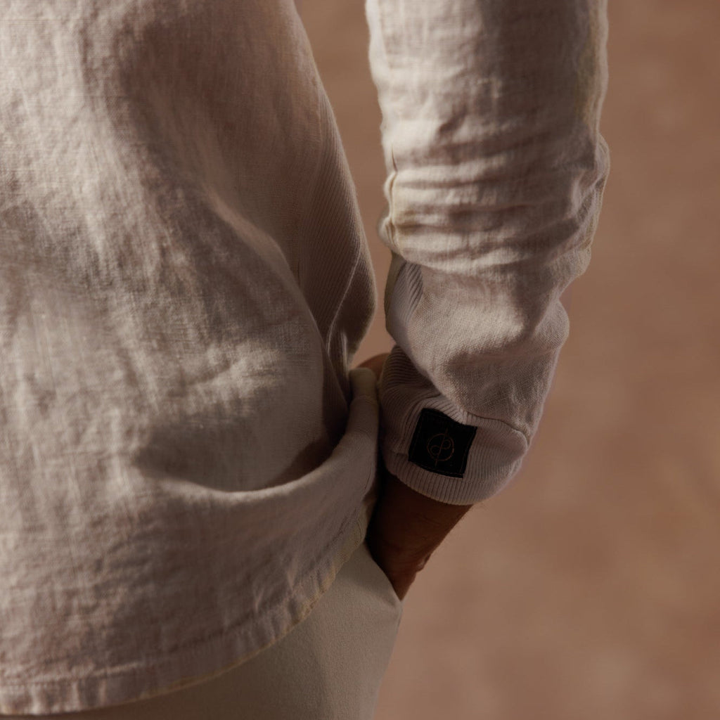 male modeling linen shirt in white stone