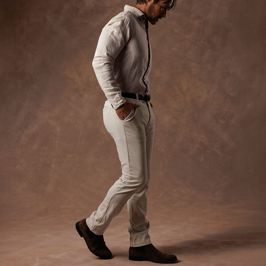 male modeling linen shirt in white stone